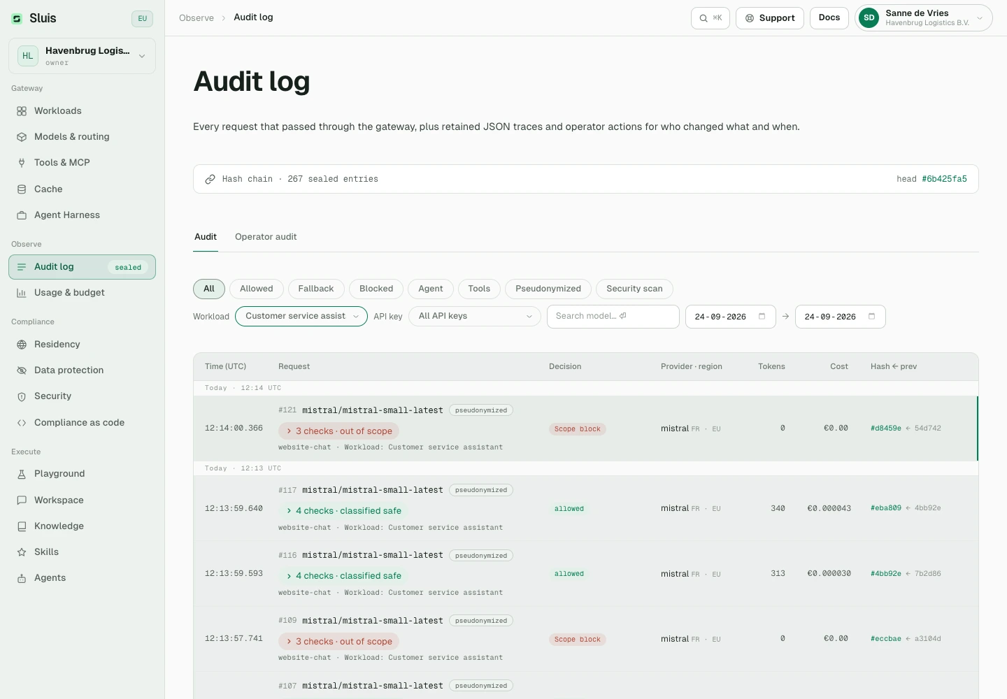 Audit log: inspect sealed requests and their gate decisions.