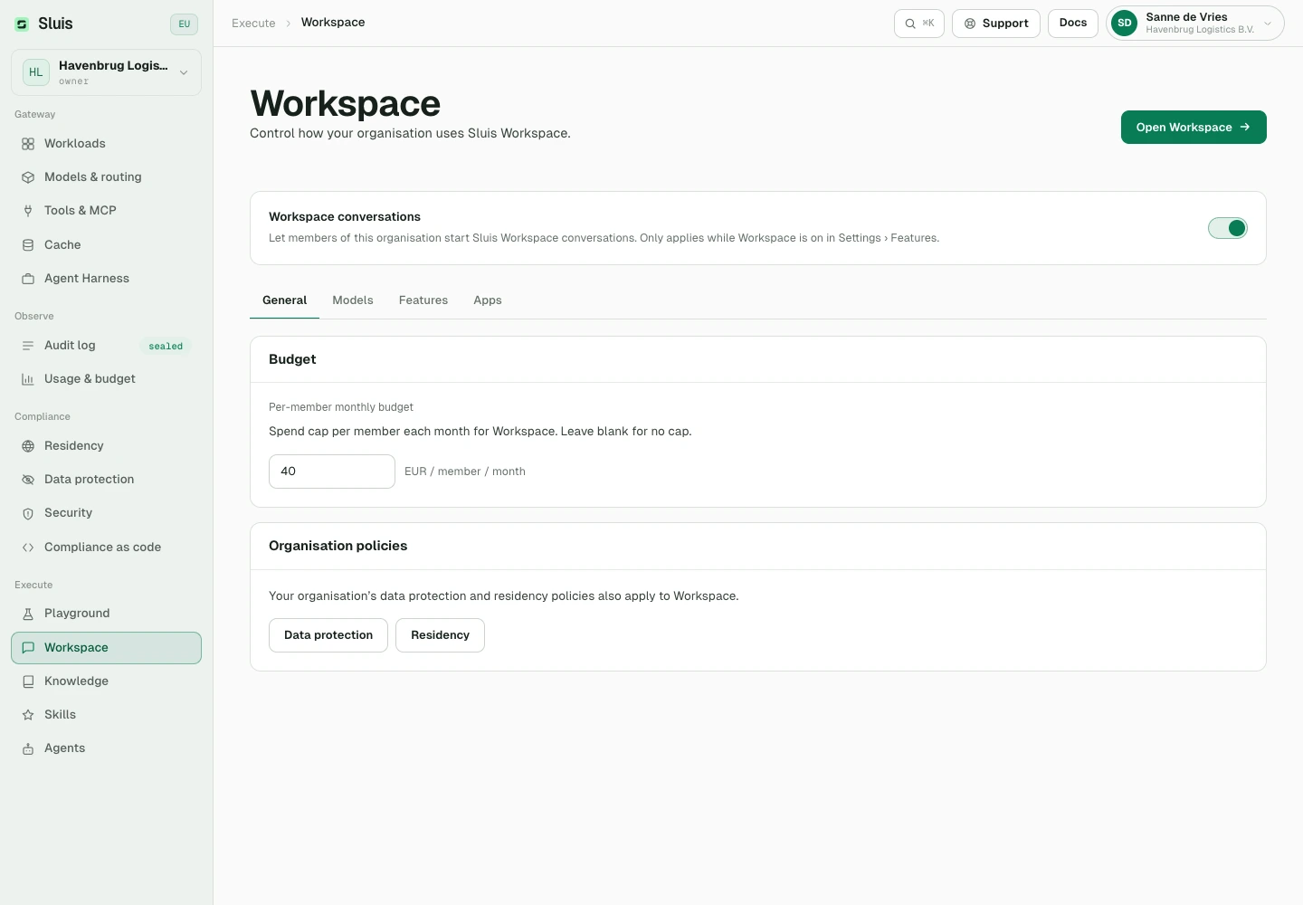 The console's organisation-wide Workspace access and per-member budget settings.