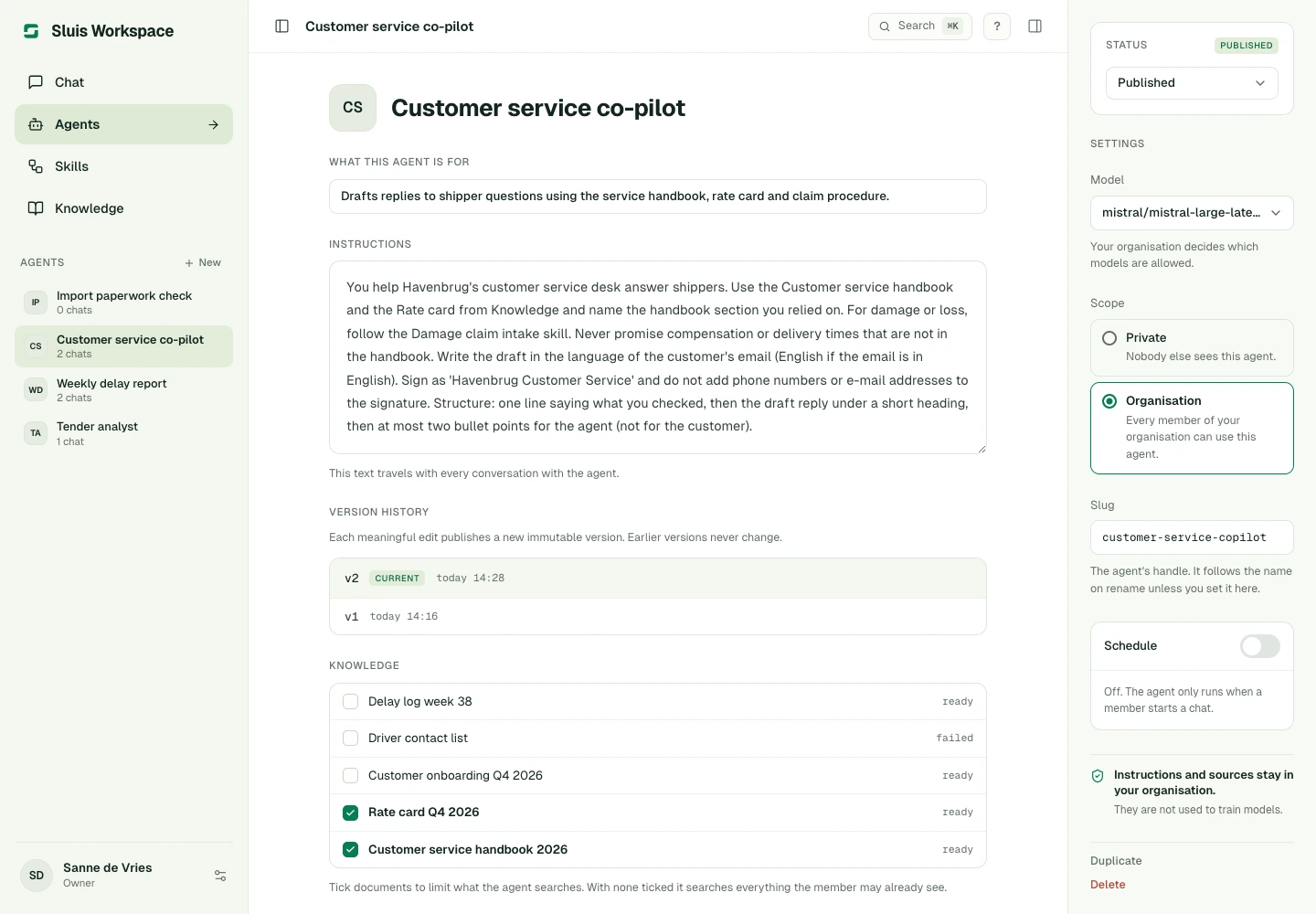 An Agent's editor: instructions, model, Skills, Knowledge and tools. Every change saves by itself.