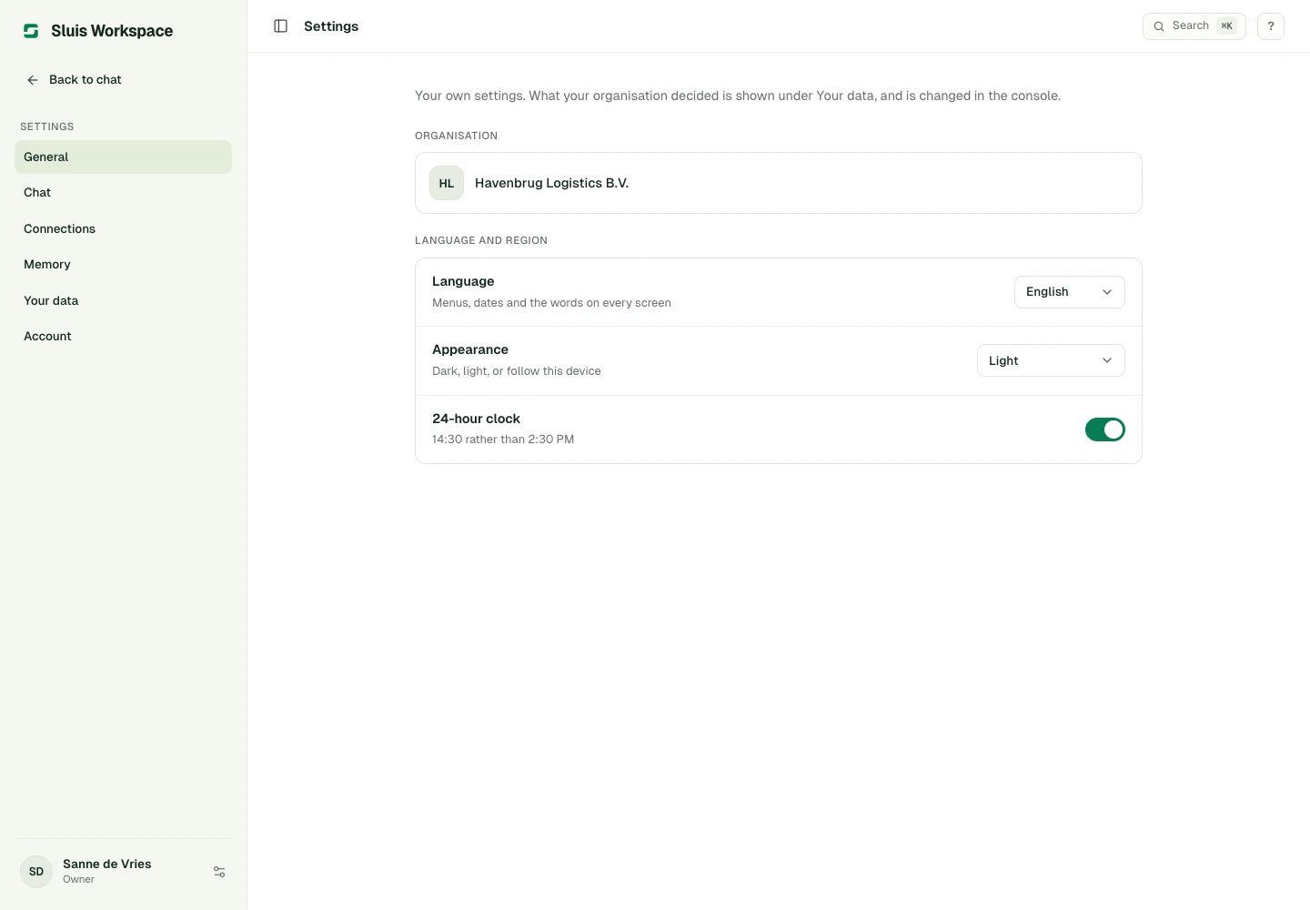 Workspace settings, General section. Organisation policy stays read-only under Your data.