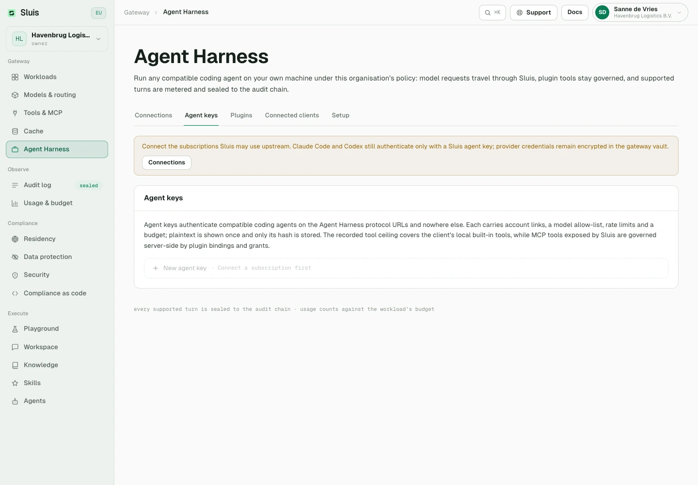 Agent keys: manage the credentials used by coding clients.
