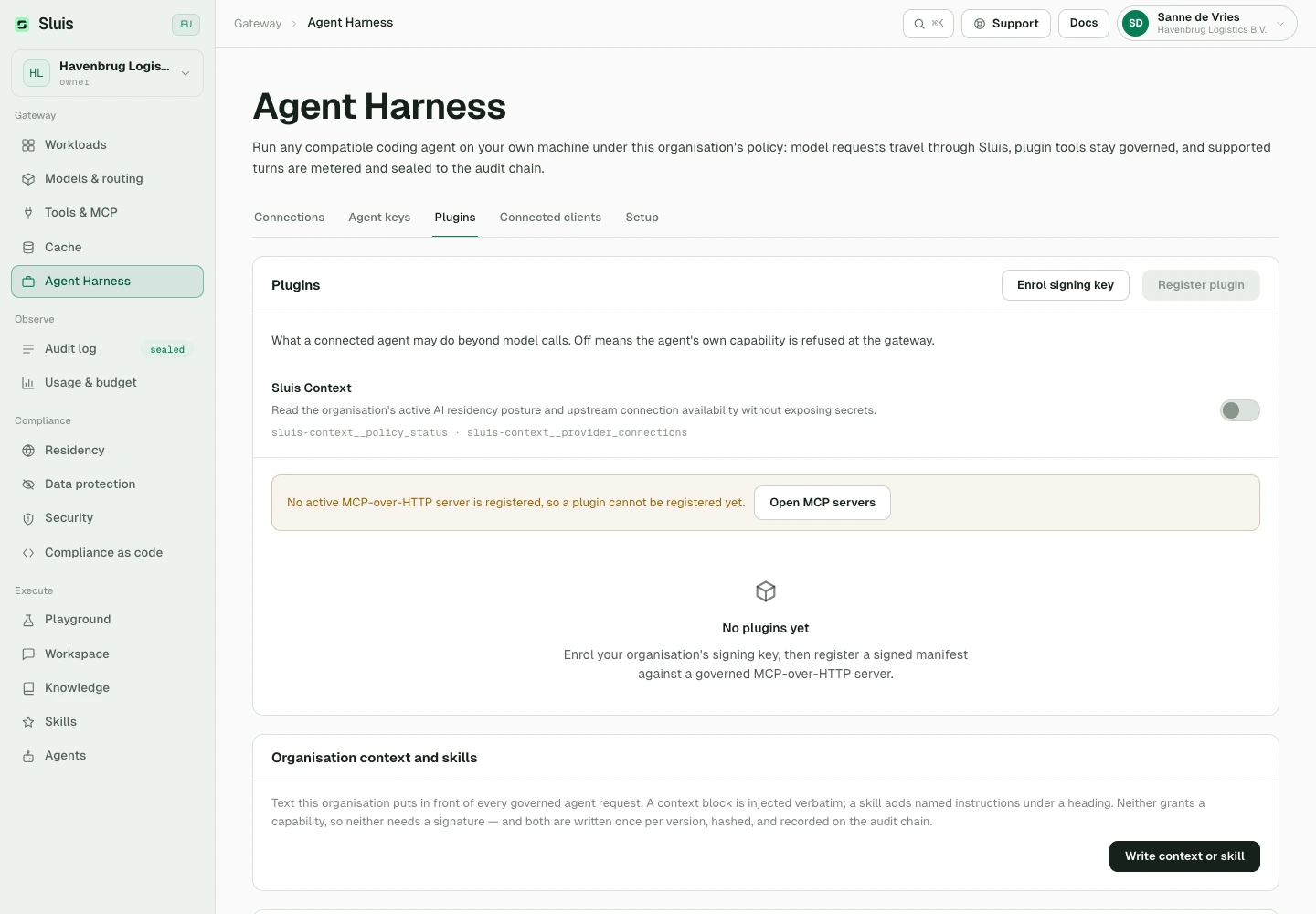 Plugins: manage governed MCP integrations.