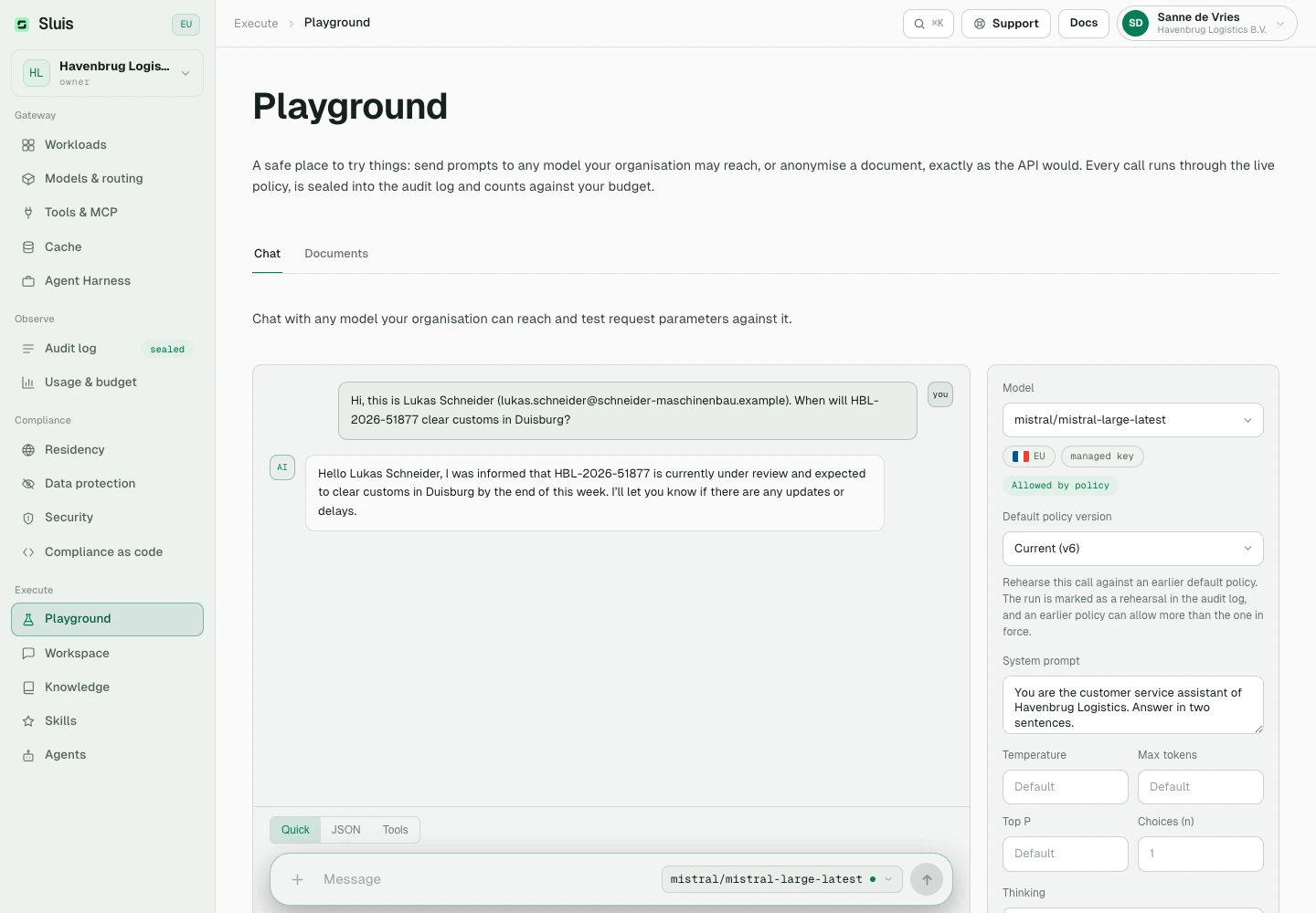 Playground with a selected model and a completed example request.