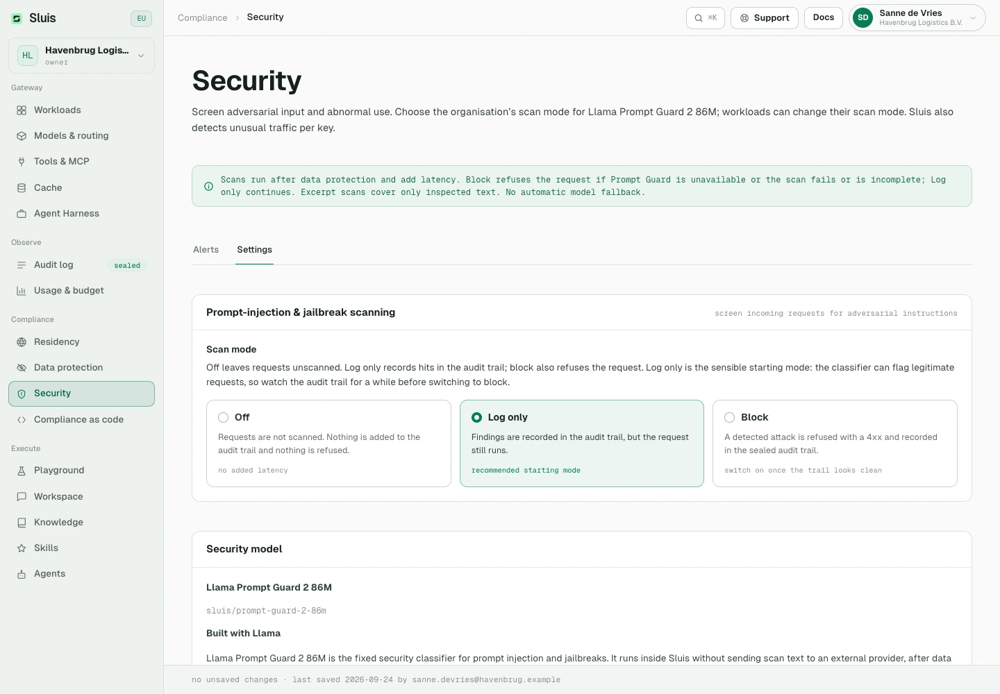 Security: configure prompt-injection scanning.