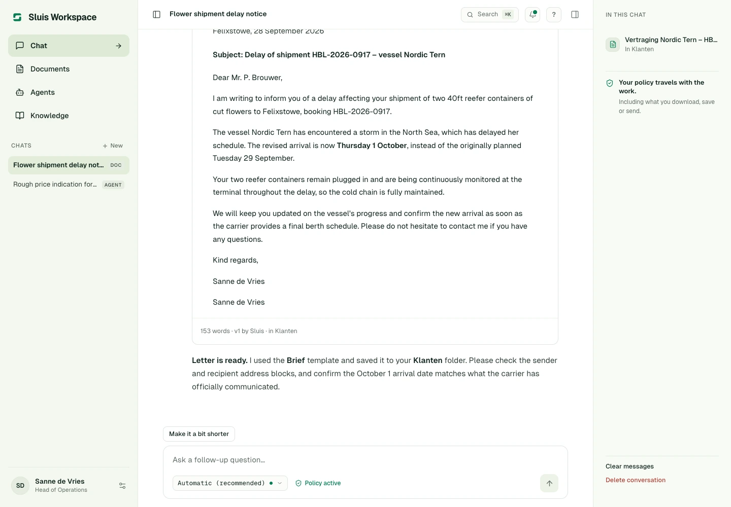 A canvas in a chat with a finished customer letter, ready to edit, restore or download.
