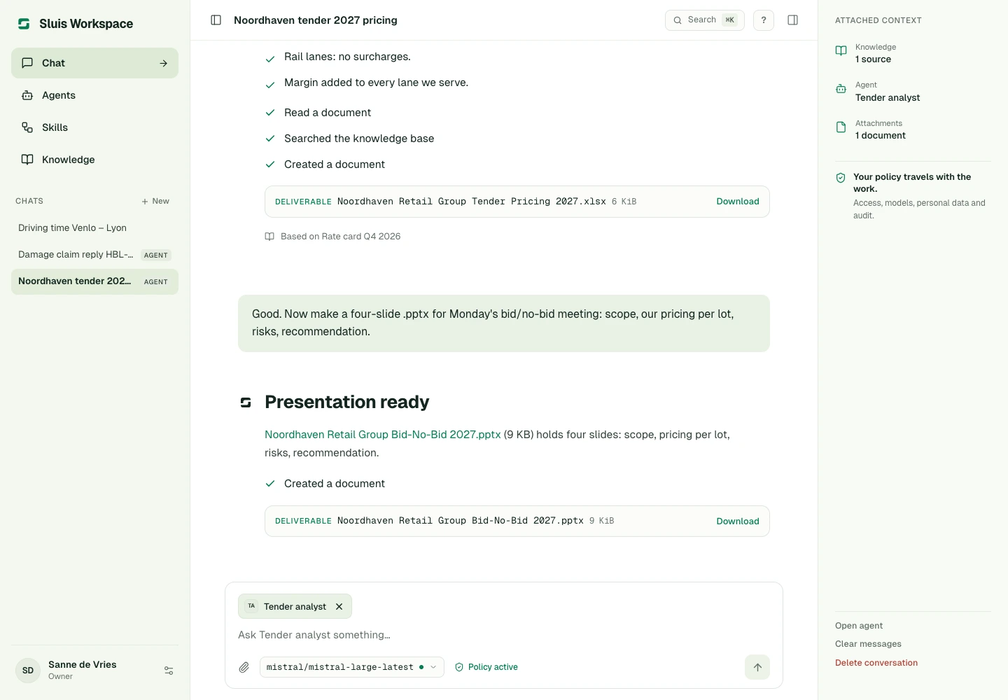 A tender answered in one conversation, with a spreadsheet and a four-slide presentation to download.